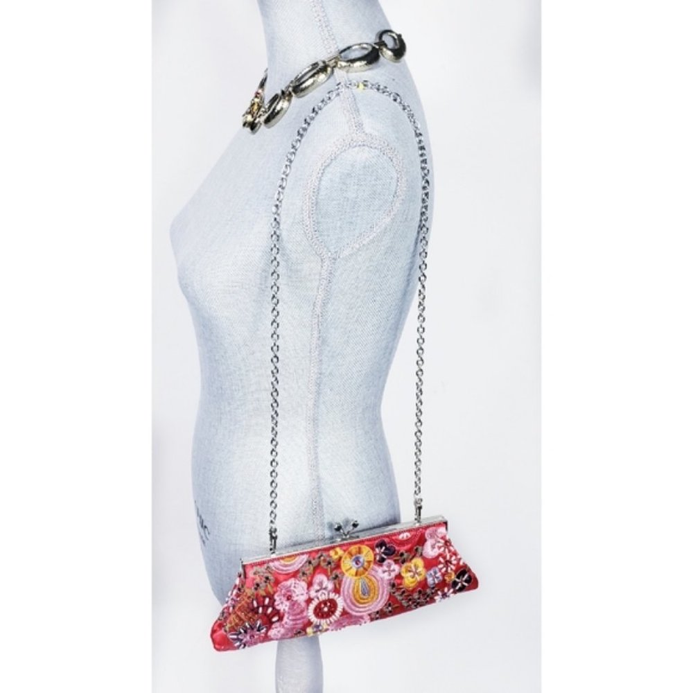 SOLD☆ Beaded Floral Boho Red Clutch Shoulder Bag - Picture 4 of 9